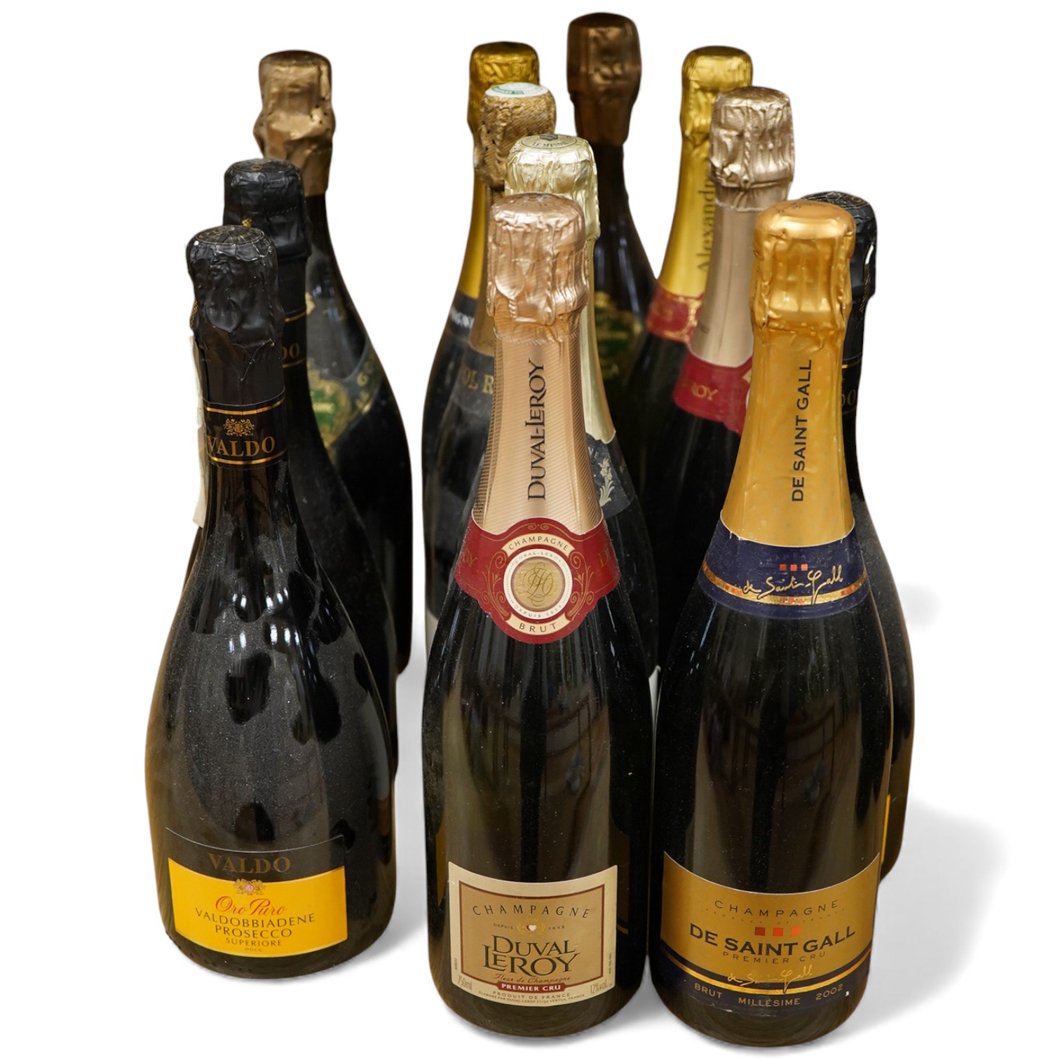 Mixed champagne and sparkling wine to include Charles LePrince champagne, 2002, Pol Roger Brut, 1990, Pierre Peters champagne Grand Cru, 2002, Alexandre Bonnet Grand Reserve Brut champagne, 3 bottles of Valdo Prosecco, t